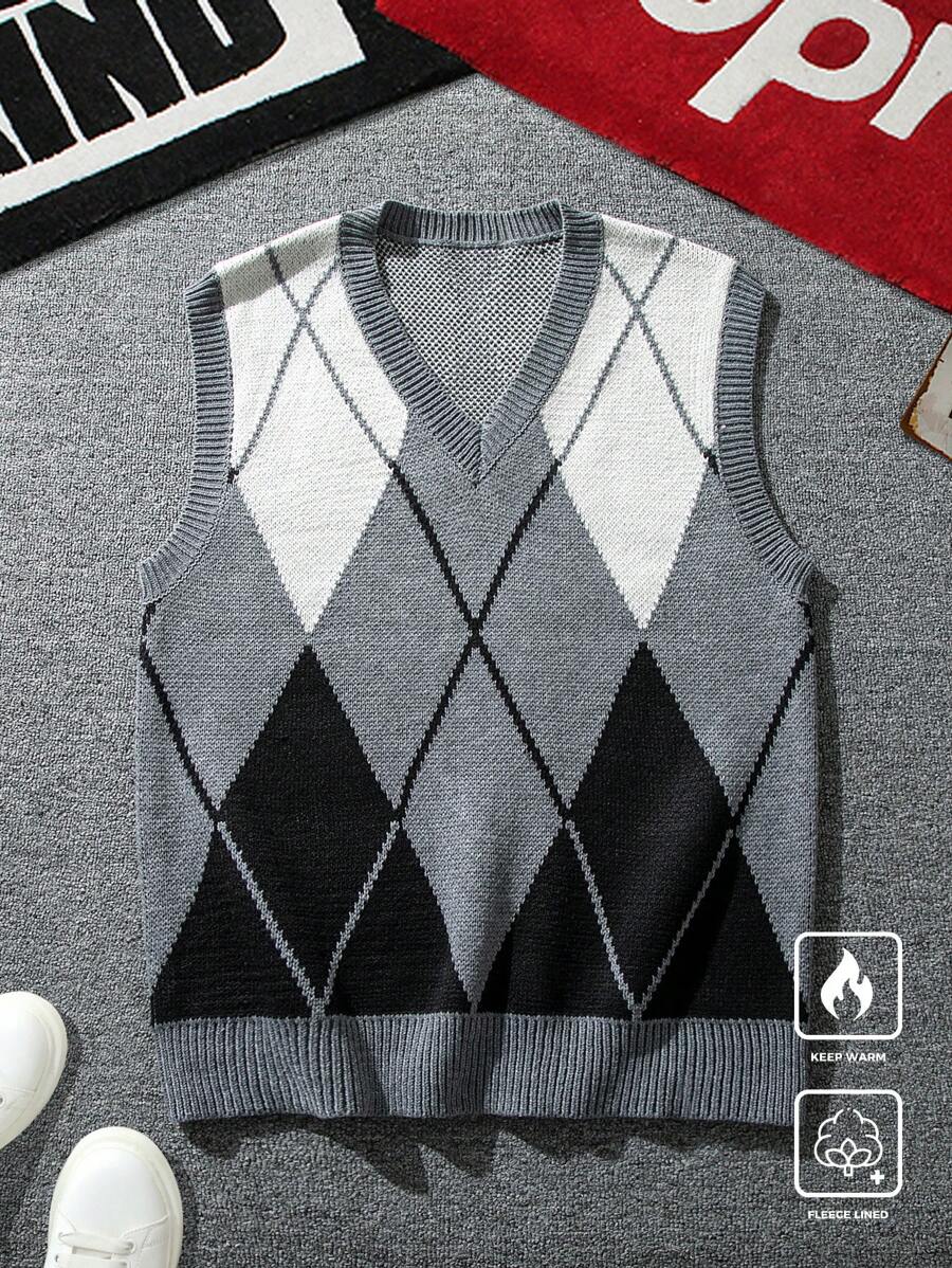 Manfinity Hypemode Chaleco de punto informal con cuello en V y estampado de argyle bicolor para hombre en otoño/invierno