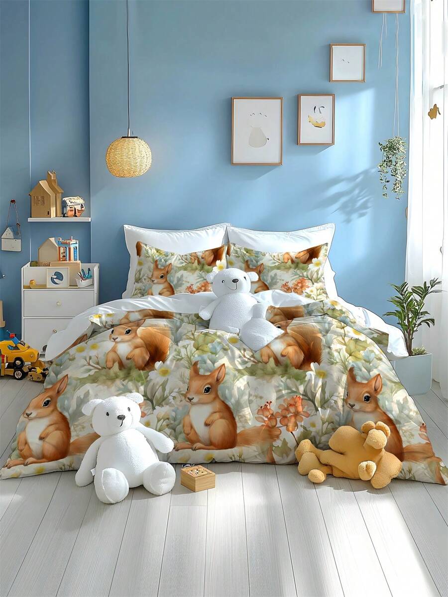 Juego de funda de edredón de microfibra suave con estampado de ardilla de dibujos animados, 2/3 piezas, apto para dormitorio, habitación de invitados, habitación infantil, hotel familiar, dormitorio escolar, juego de sábanas para cama infantil (incluye funda de almohada)