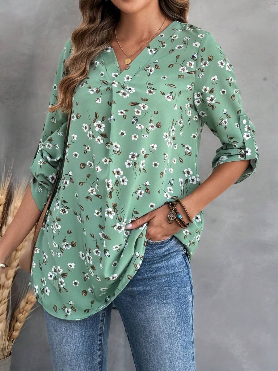 EMERY ROSE Women's V-Neck Floral Print Roll-Up Sleeve Blouse