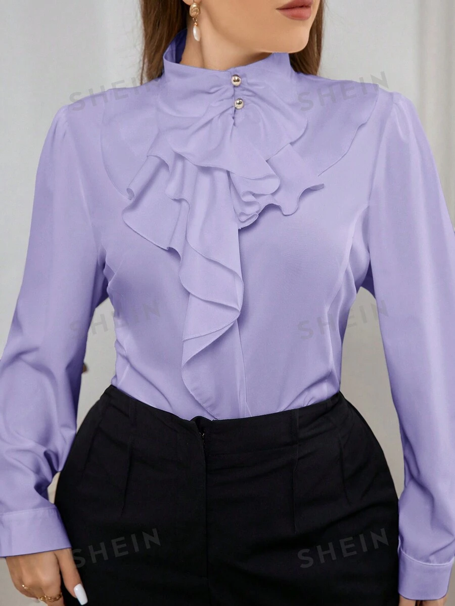 Firerie Camisa elegante para oficina con dobladillo asimétrico con volantes para tallas grandes