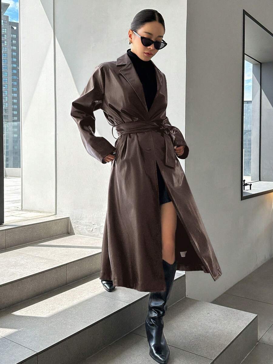 DAZY Women's Solid Color Lapel Neck Long Sleeve Long Elegant Trench Coat