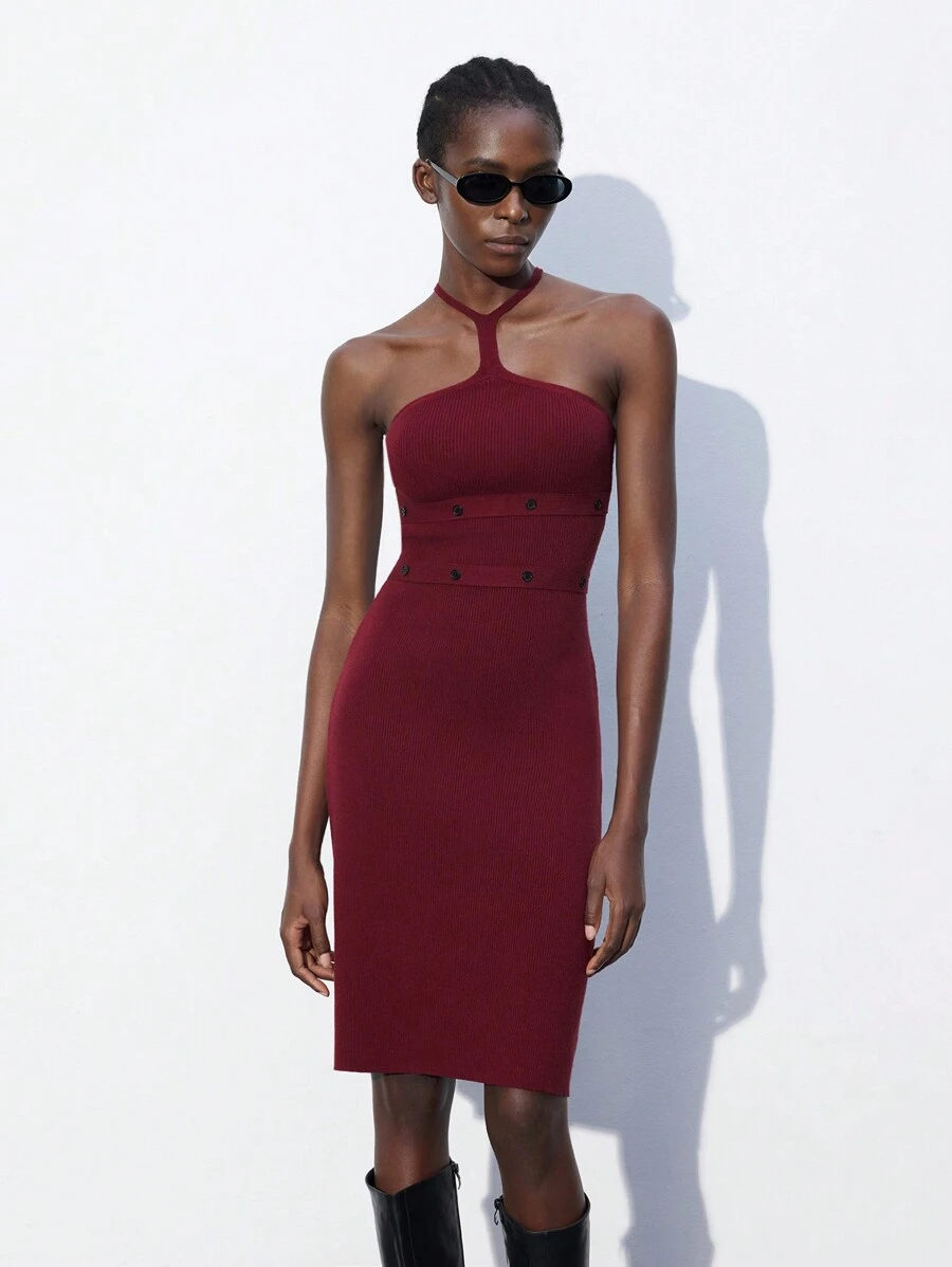 Maija Women's Autumn Knitted Wine Red Solid Turtleneck Fitted Elegant Sweater Dress