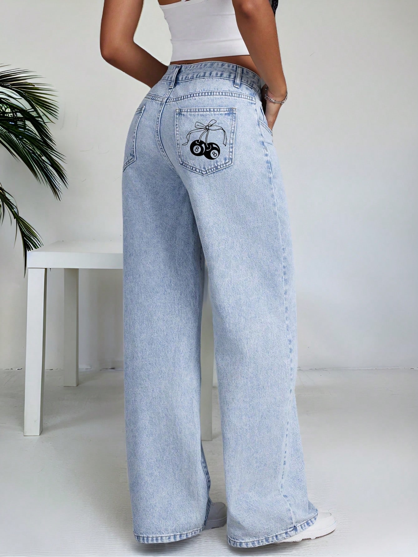 Cherry Print Loose Washed Low Waist Straight Leg Jeans