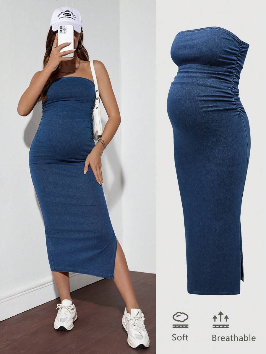 Modmama Vestido ajustado de mezclilla para maternidad, sin tirantes, azul
