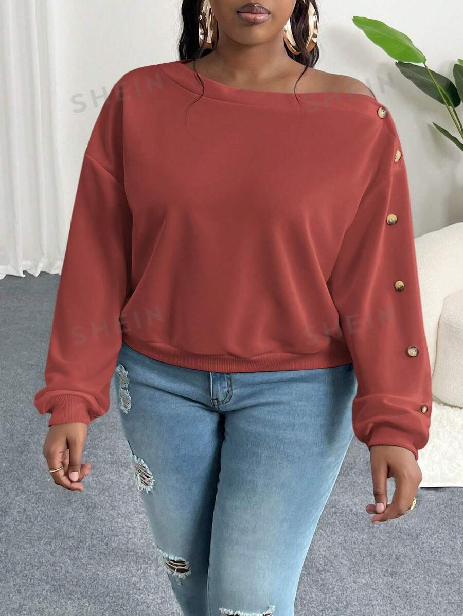 Slaydiva Sudadera con capucha con cuello asimétrico y botones de talla grande, elegante y casual, en color blanco sólido, para mujeres, otoño e invierno