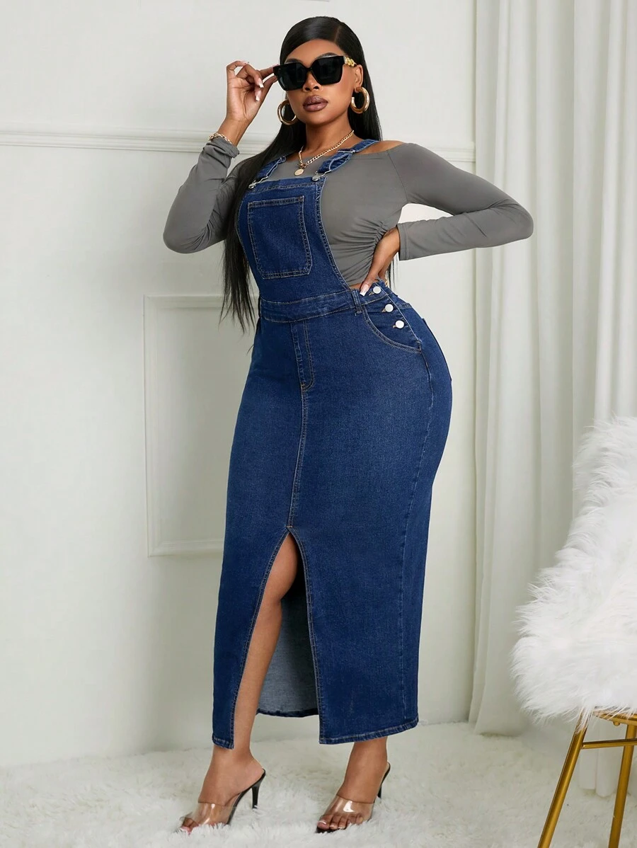 SHEIN SXY Plus Size Sexy Elastic Denim Slit Strap Dress