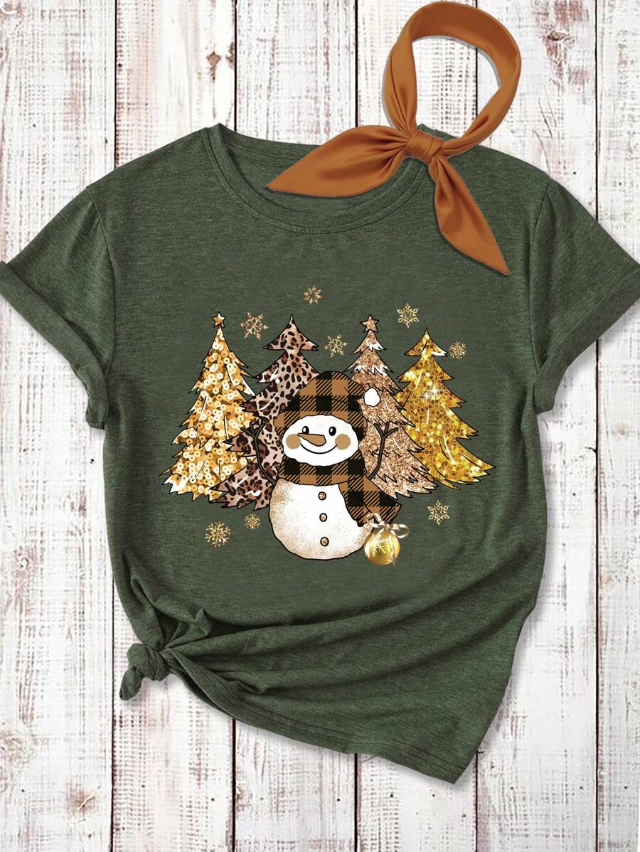 SHEIN CURVE+ Plus Size Christmas T-Shirt With Christmas Tree And Snowman Print, For Autumn/Winter