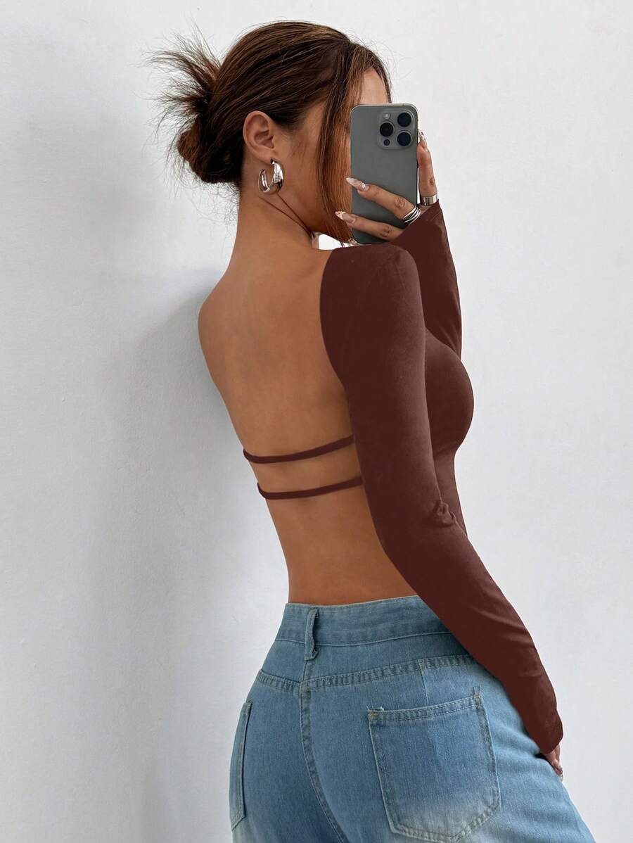 SHEIN EZwear Women Brown Backless Long Sleeve Cropped Fitted Sexy T-Shirt, Fall Top