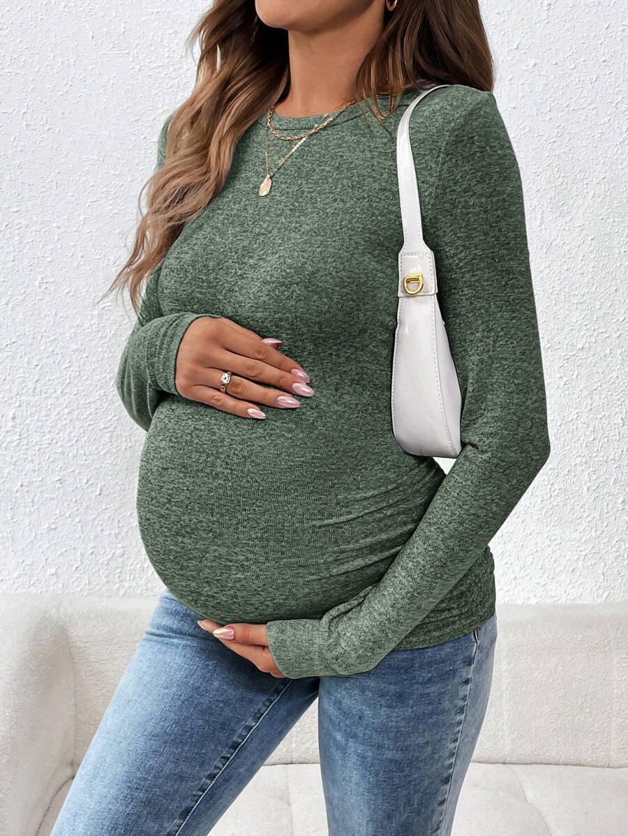 SHEIN Effen kleur zwangerschaps T-shirt met ronde hals en lange mouwen, getailleerd, lente en herfst