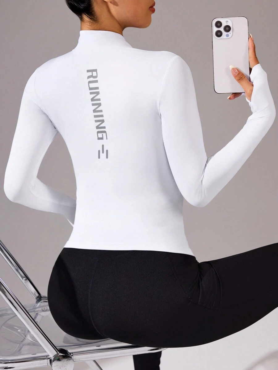 SHEIN Sport Studio Letter Print Stand Collar Slim Fit Soft Breathable Sports Long Sleeve Sweatshirt