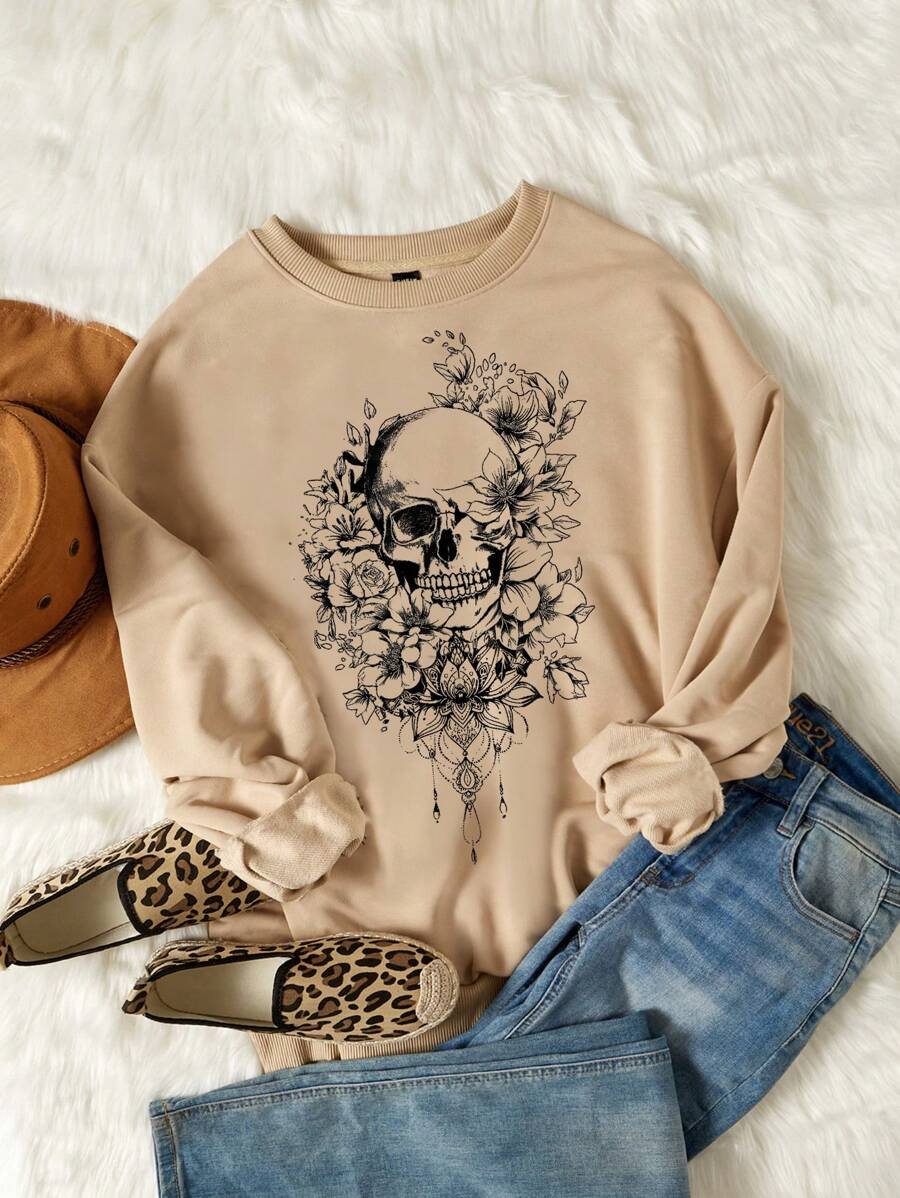 SHEIN LUNE Casual Minimalist Skull Pattern Crew Neck Loose Fit Thick Plus Size Sweatshirt, Autumn/Winter