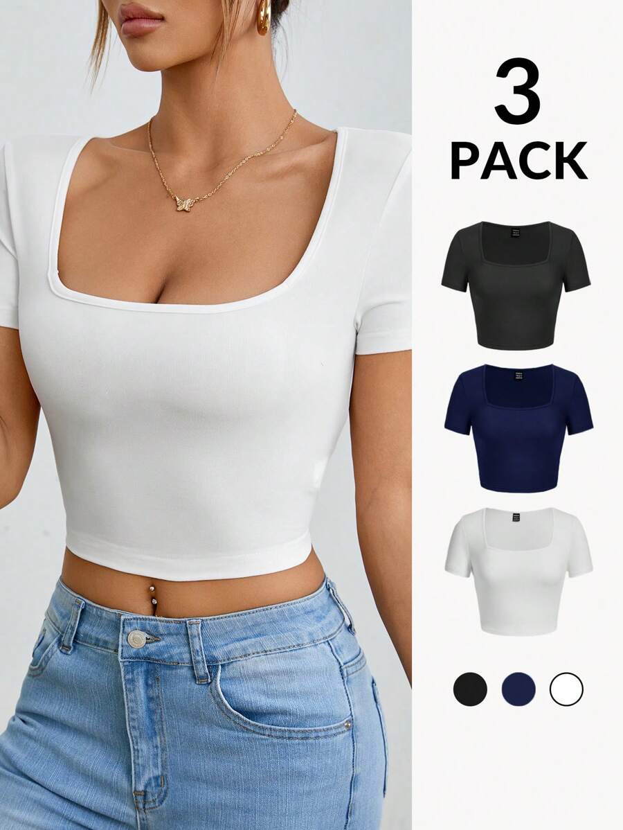 SHEIN PETITE 3pcs/Set Women Summer Casual Square Neck Short Sleeve Slim Fit T-Shirts, Simple Black White Grey Design