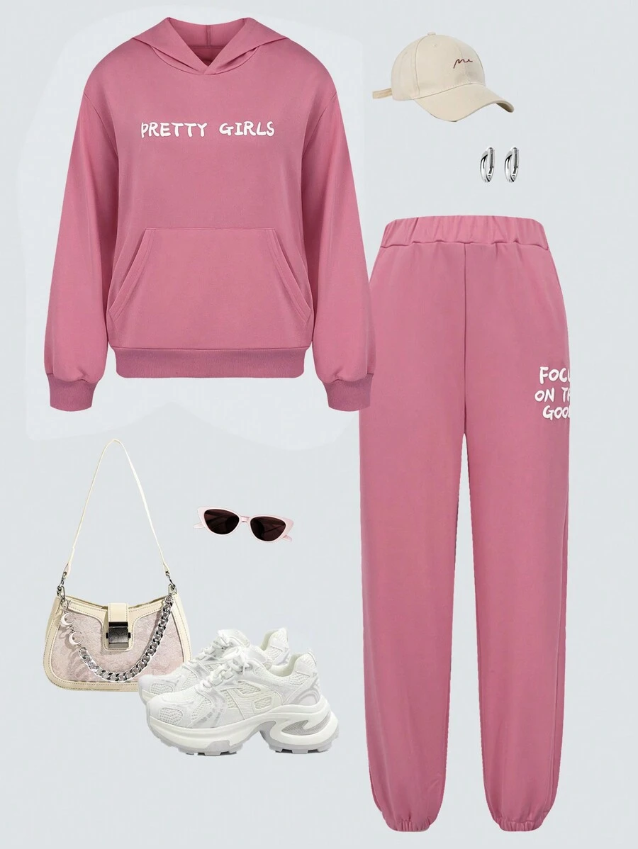 2pcs/Set Teen Girls' Casual Stylish Hooded Sweatshirt And Pants Set, Pink, Autumn