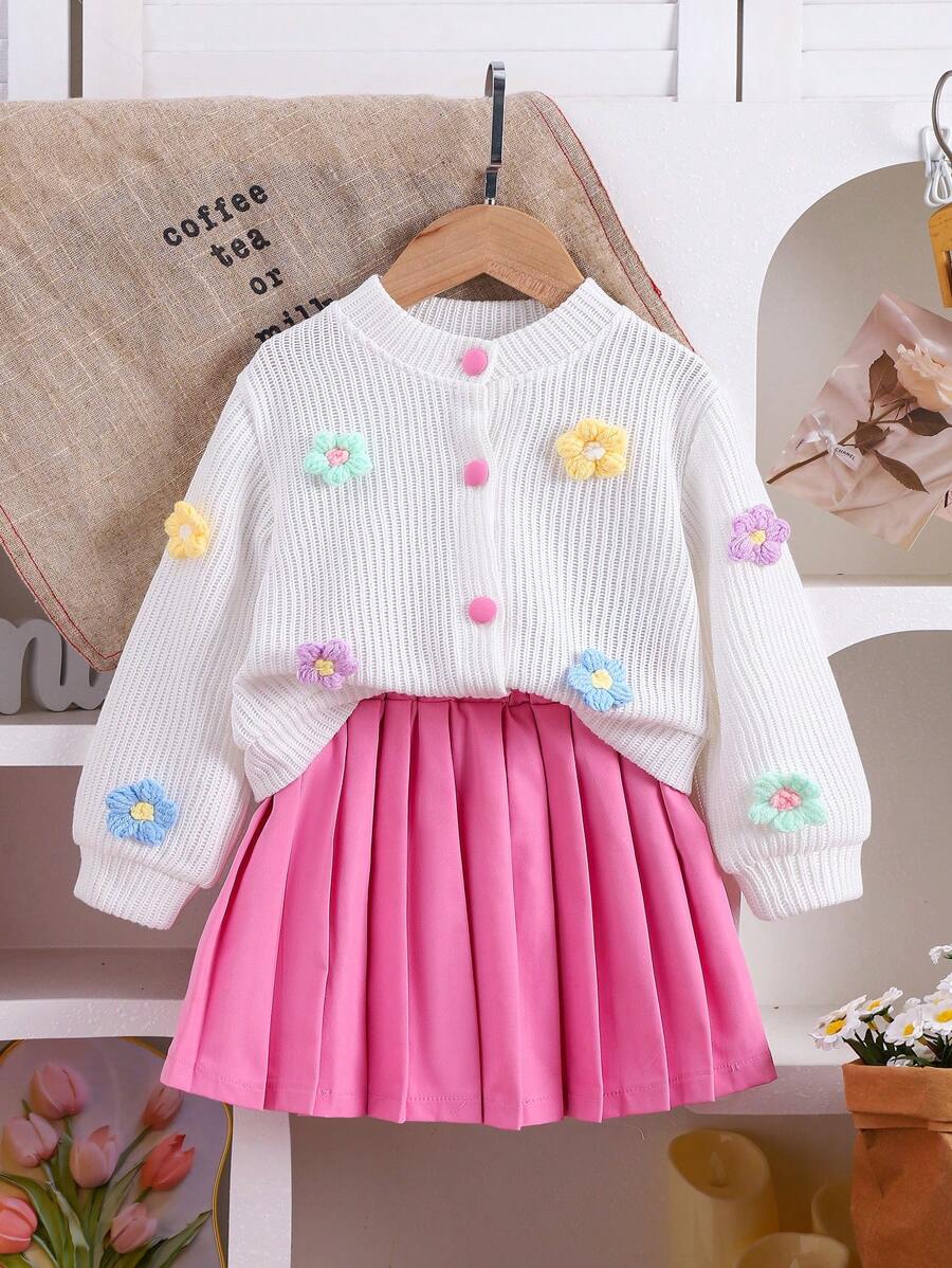 2 Peças Conjunto de Jaqueta de Malha Casual e Saia com Estampa Floral para Menina Jovem, Conjunto de Outono