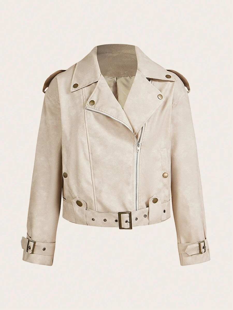 SHEIN X Belinda SHEIN Essnce Vrouwen abrikoos vintage leren casual PU leren jas, winterkleding voor vrouwen, vrouwen bikerjack raceautocoureur, winterjas