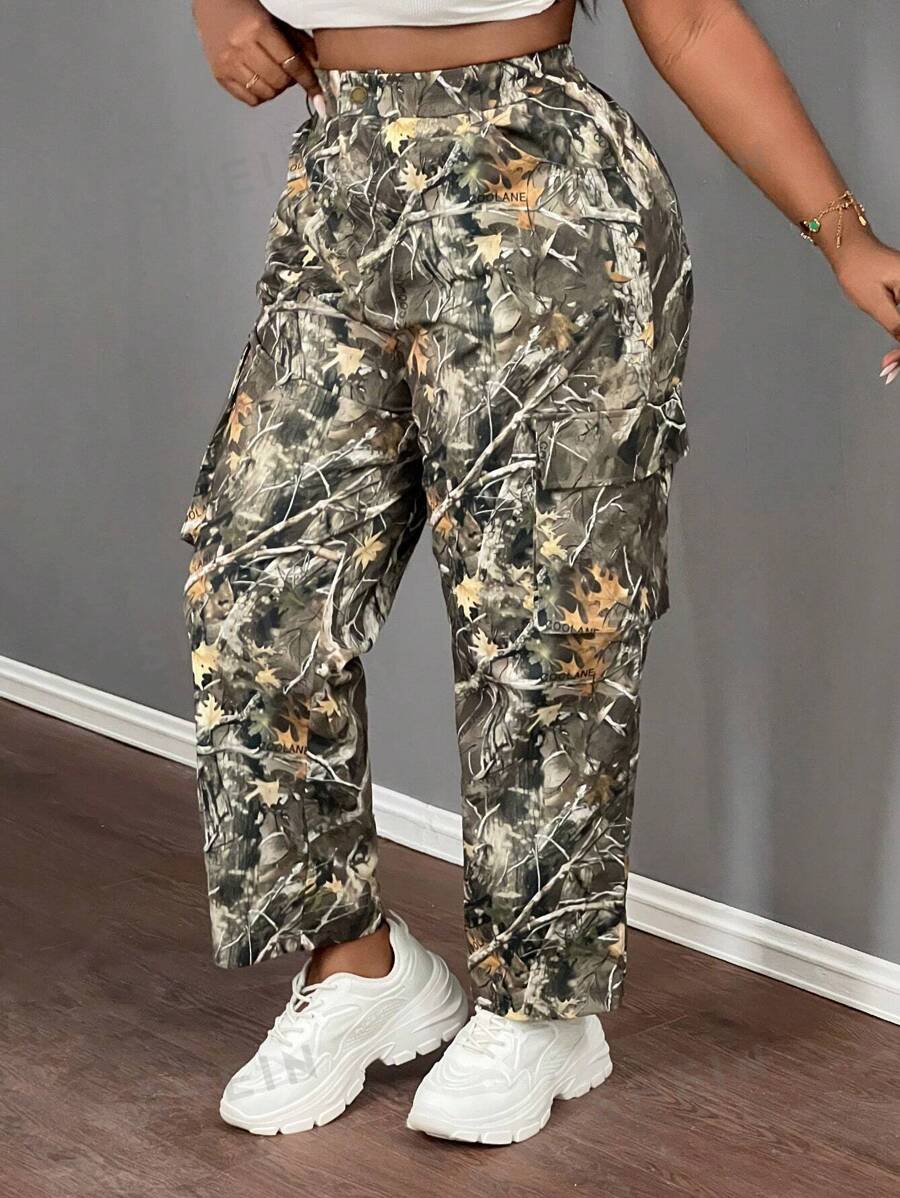 Slaydiva Pantalones holgados de carga casuales con estampado de ramas para mujeres de talla grande
