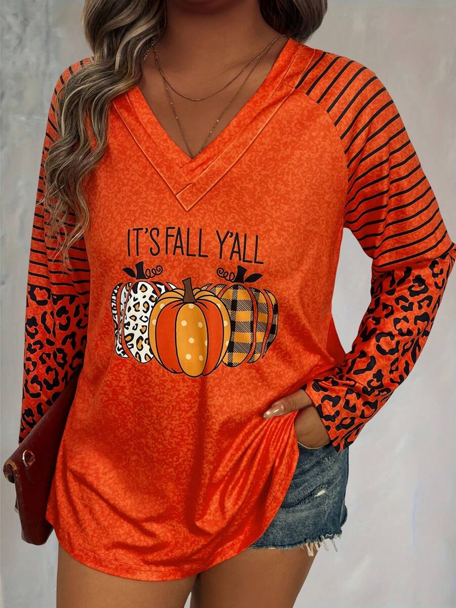 SHEIN LUNE Plus Size Women Slogan & Pumpkin Printed Long Sleeve Casual T-Shirt, Spring Autumn Fall Top