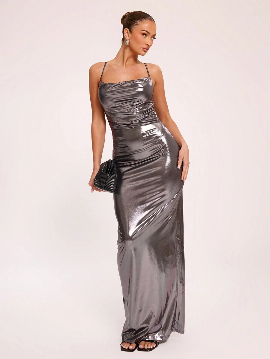 MUSERA Metallic Draped Maxi Holiday Party Dress Sexy Summer Vacation Bodycon