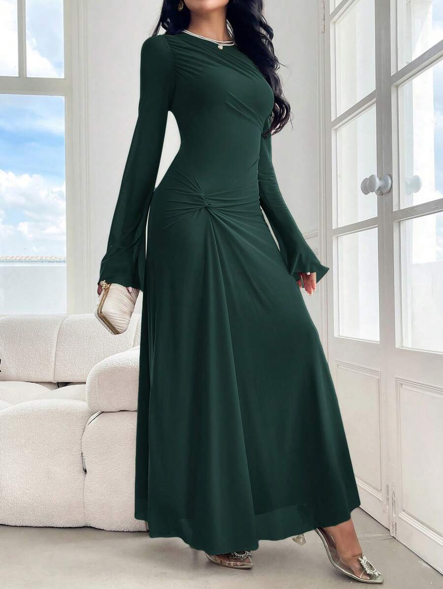 Modelyn Women Solid Color Crew Neck Long Sleeve Twist Detail Casual Long Dress Long Evening Dresses