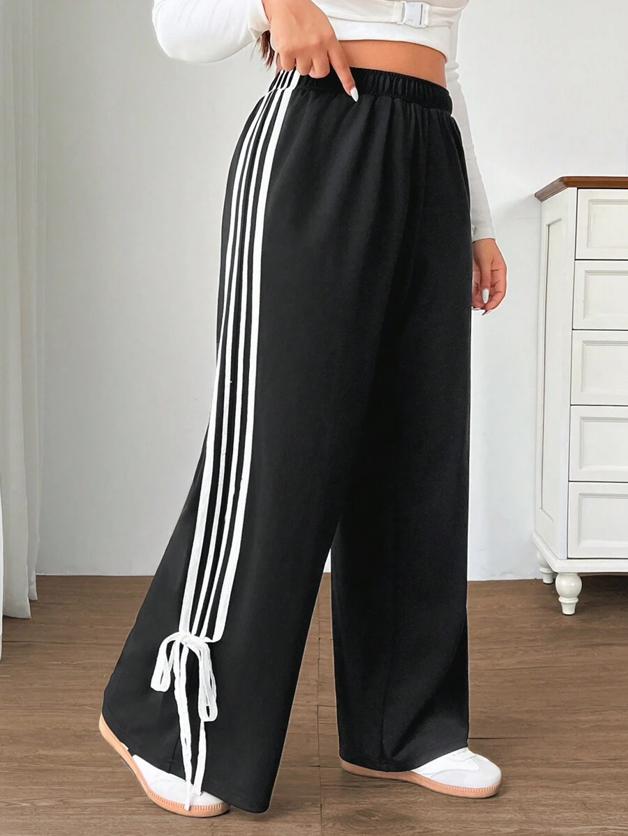 SHEIN EZwear Spodnie damskie Plus Size z elastycznym pasem i bocznymi paskami, luźne, swobodne, czarne
