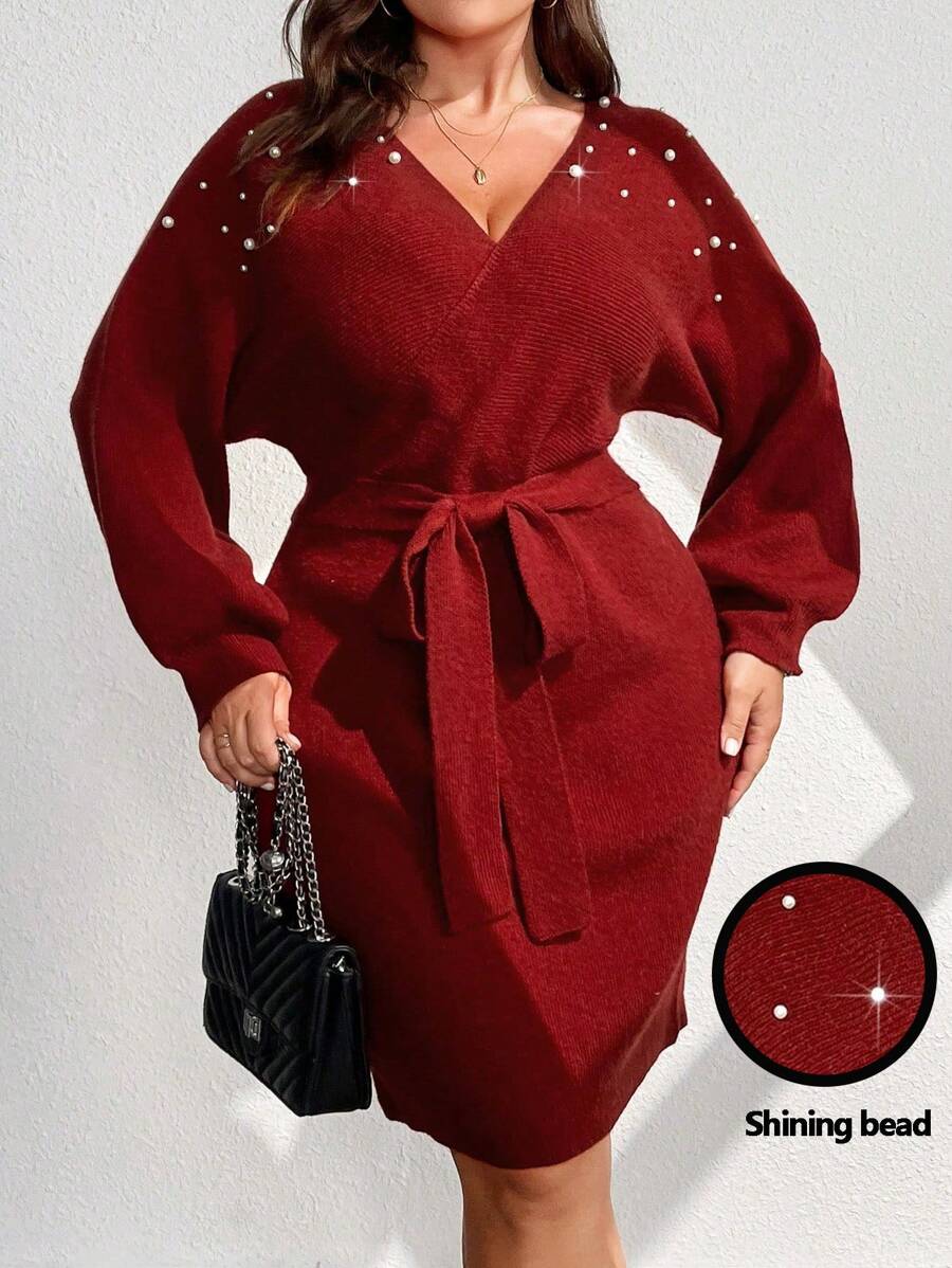 Celure Plus Size Elegant Beaded Batwing Sleeve Sweater Dress, Spring & Autumn, Winter