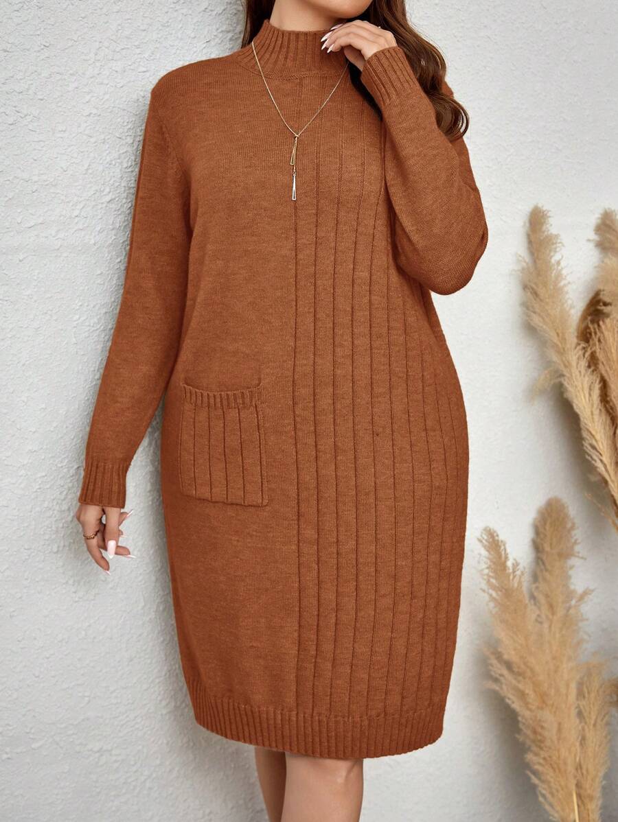 EMERY ROSE Plus Size Long Sleeve Knitted Sweater Dress With Pockets In Fall/Winter