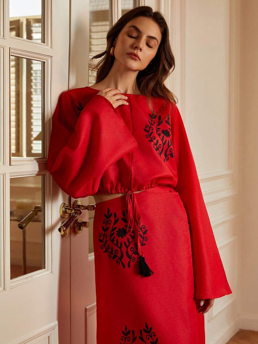 Aveloria Modichic Women's Embroidery Color Block Design Puff Sleeve Blouse And Drawstring Hem Long Skirt Set, Autumn
