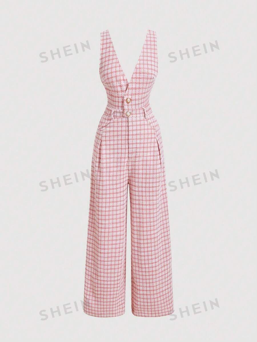 SHEIN MOD Mono elegante de pernera ancha con decoración de hebilla de metal con estampado de cuadros retro clásico para mujer