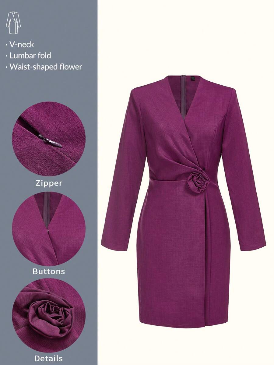 TaskEZ Traje de vestido de manga larga de cremallera cruzada con estampado floral elegante de unicolor para mujer