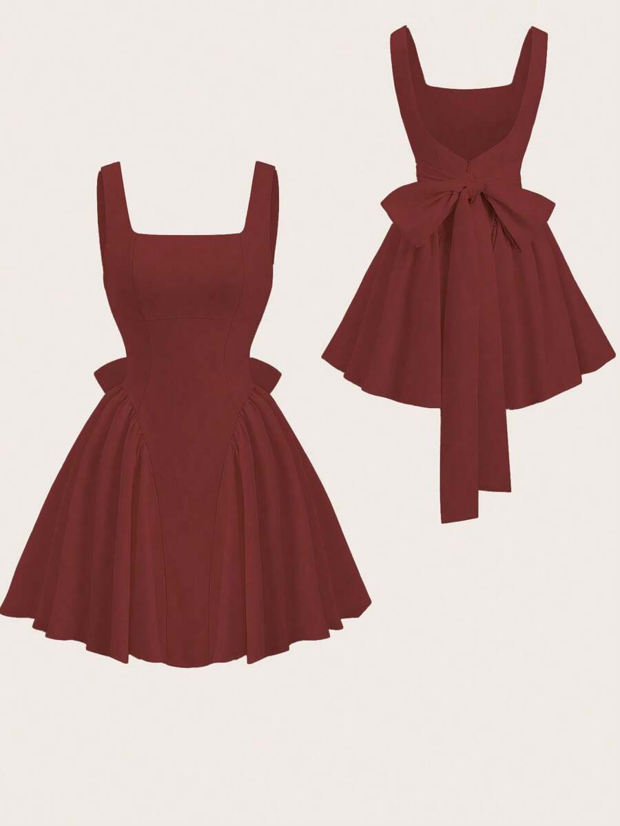 Sweetra Vestido de verano para mujer de unicolor con cuello cuadrado, espalda descubierta y lazo, color burdeos