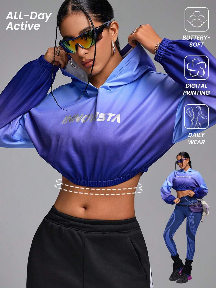 Innovista Moletons esportivos casuais com estampa ombré azul feminino, moletom leve, moletons de outono, moletom curto, ao ar livre, moletom curto, acampamento ao ar livre, tops femininos de treino, roupa feminina de outono e inverno, manga comprida azul