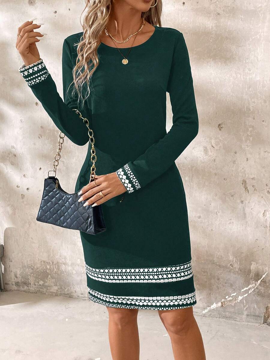SHEIN Clasi Dames Lente & Herfst Ronde Hals Elegante Colorblock Geometrische Lange Mouw Jurk