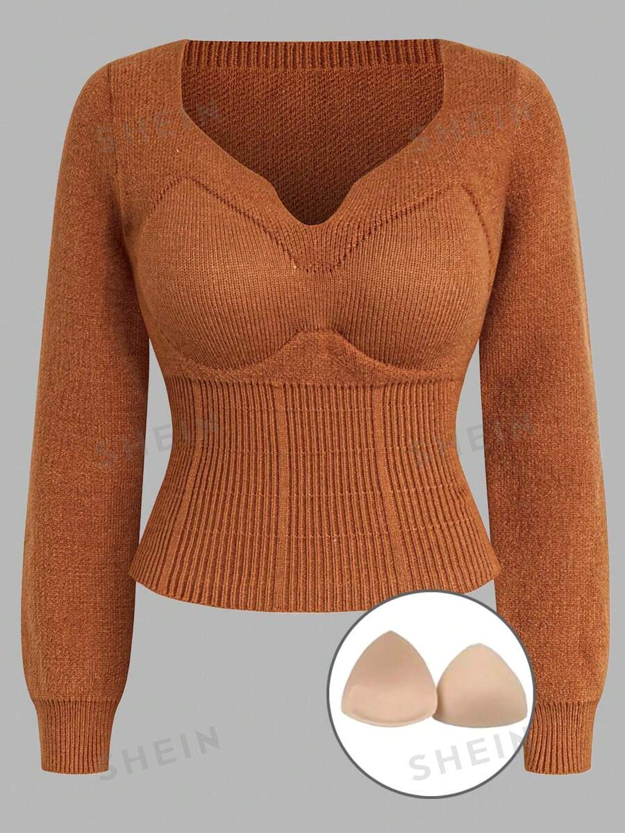Calvaya Suéter de manga larga con hombros descubiertos, ajustado, acolchado y de cuello bajo para mujer