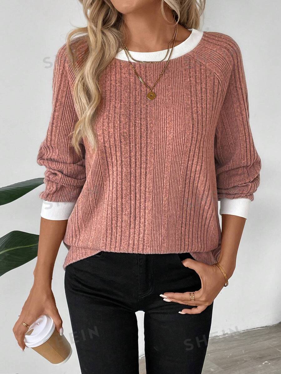 SHEIN LUNE 2024 Otoño Invierno Mujer Nuevo Jersey de cuello redondo color vino caliente