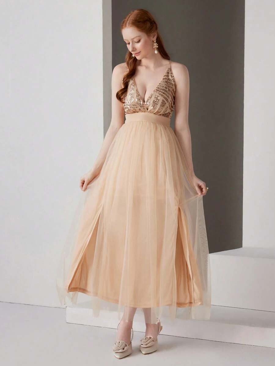 SHEIN Belle Women's Sequin Embellished Split Hem Formal Ball Gown (Heavily Decorated)