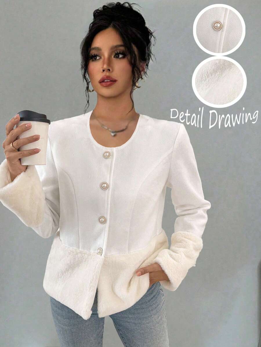 Chiquease Elegante Chaqueta blanca de mezcla de lana con cuello redondo, manga larga, diseño de parches de piel sintética de conejo, botones de perla y cálida para otoño/invierno