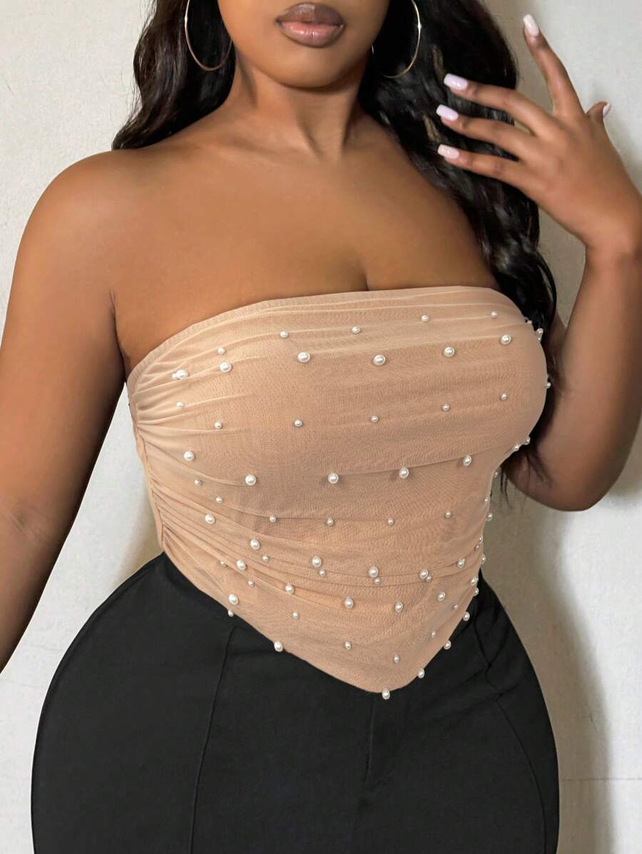 SHEIN SXY Plus Size Women's Faux Pearls Beaded Bandana Hem Crop Tube Top, Suitable For Date Night, Birthday, Bachelorette Party, Casual, Shopping, Streetwear, Going Out, Easy To Match&Looks Slim, Flatter The Figure