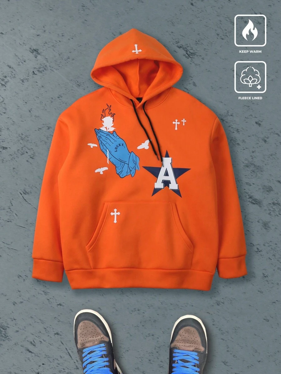 Manfinity EMRG Sudadera con capucha Manfinity Streetrush para hombre, corte holgado y forro térmico talla grande grueso, ropa de hombre para otoño e invierno, sudadera con capucha con forro térmico, sudadera con gráfico para hombres