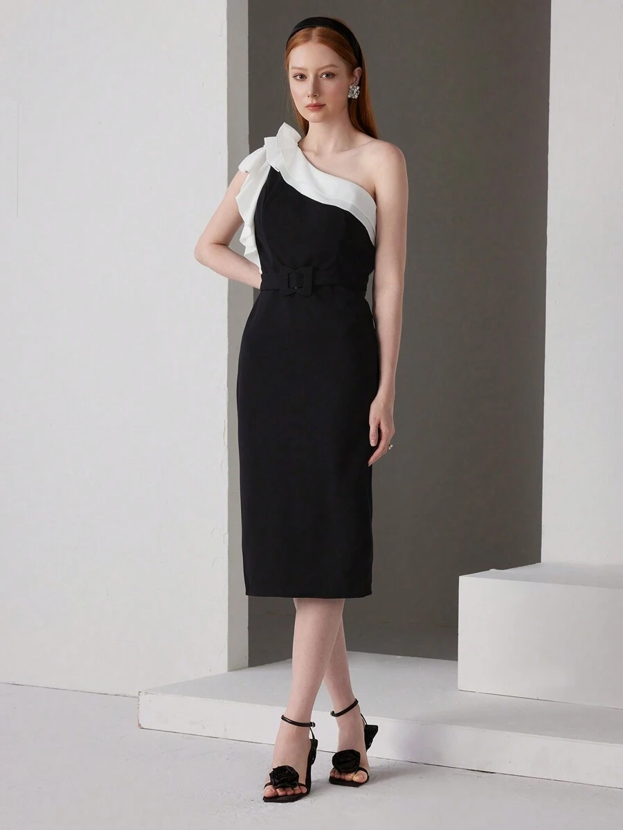 SHEIN Belle Two Tone One Shoulder Ruffle Trim Buckle Belted Cocktail Dress