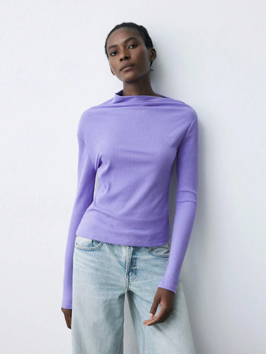 Maija Women's Autumn Purple Solid Color Long Sleeve Casual Rib Knit T-Shirt