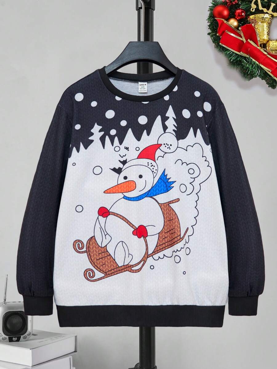 1pc Teenage Boy Crew Neck Sweatshirt, Funny Snowman Ski Print, Cozy Fleece Fabric Winter Warm Series, Casual And Cozy Family Matching Look