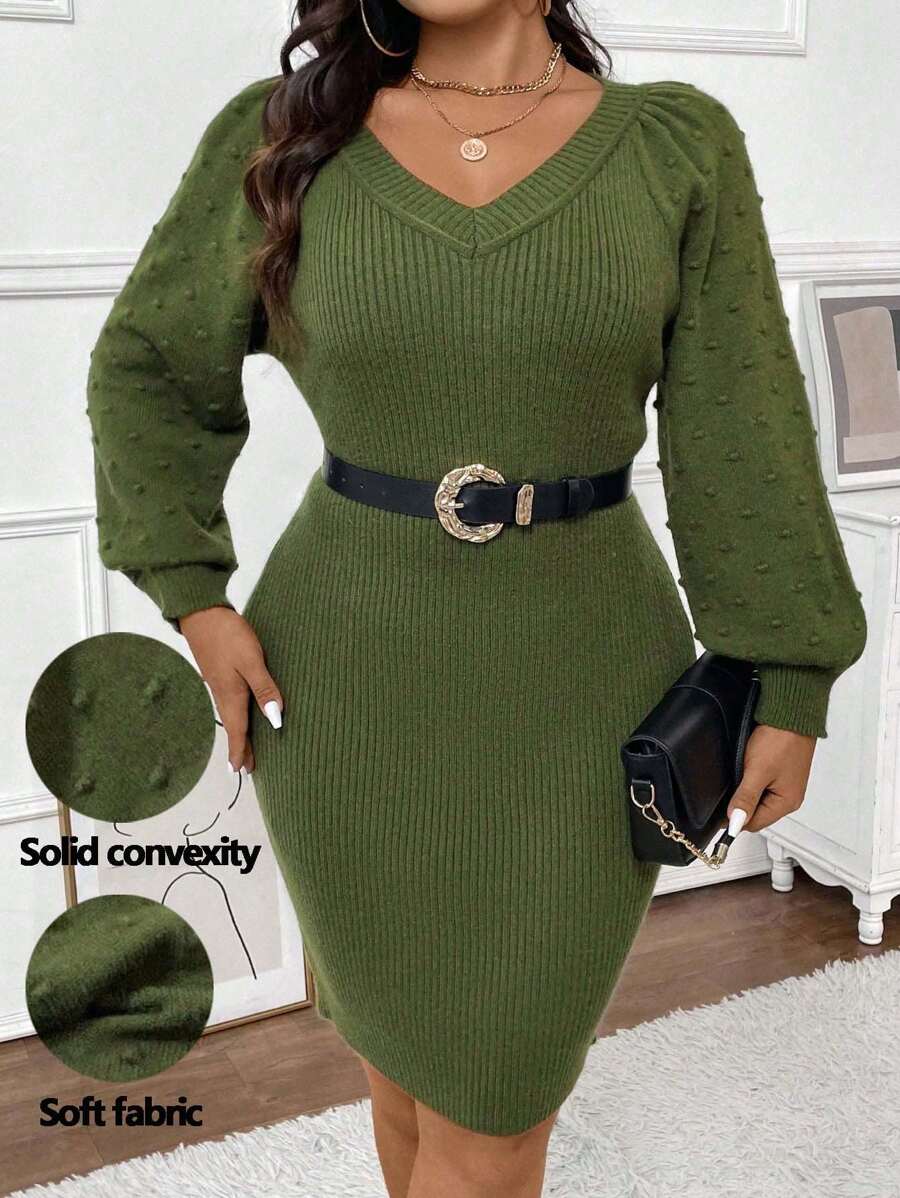 Celure Plus Size Women V-Neck Lantern Sleeve Solid Color Elegant Sweater Dress, Fall-Winter