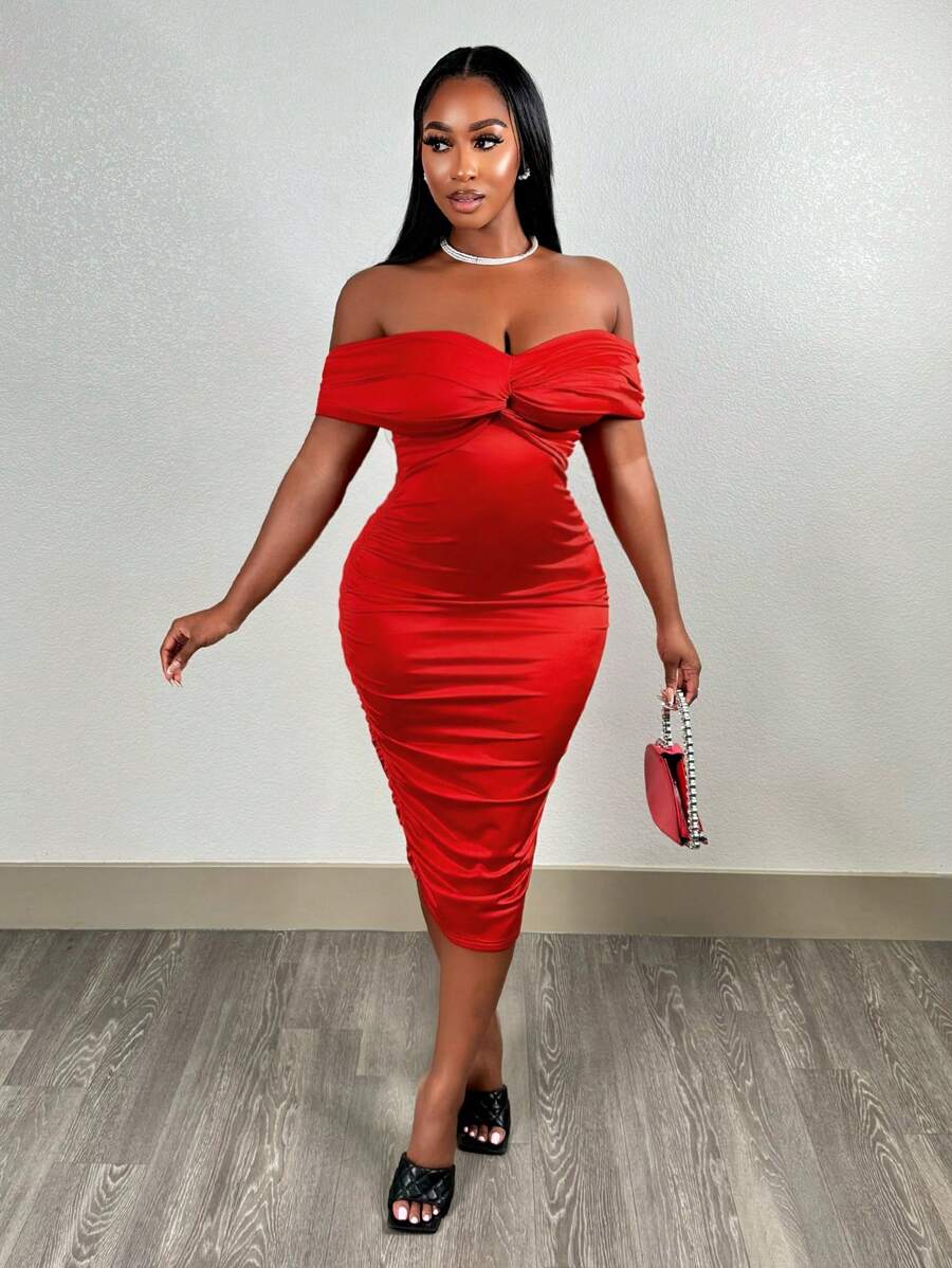 Slaydiva Summer Party Party Elegant One Shoulder Knot Front Slim Fit Mid-Length Red Glossy Silky Knitted Fabric Women's Dress-M
