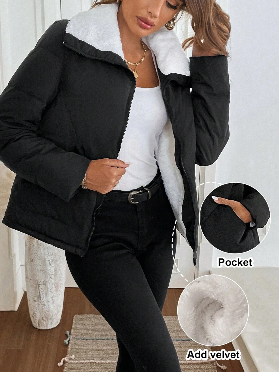 SHEIN LUNE 1pc Women's Black Casual Lune Down& Feathers Coat, Winter,Basic Top,Travel Outfit Airport