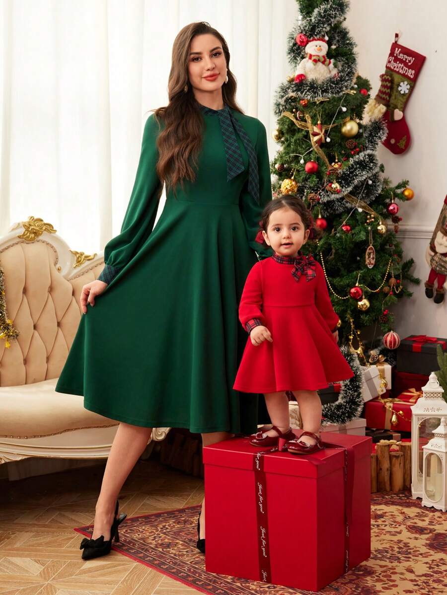 SHEIN Matching Mother Daughter Winter Dresses - Long Sleeve Plaid Patchwork Dress, Vintage Christmas Family Outfits