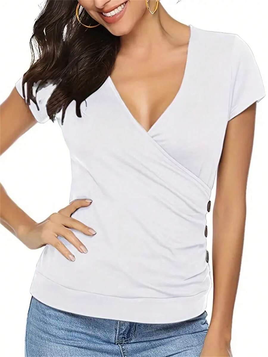 INAWLY Women's Solid V-Neck Short Sleeve Simple T-Shirt, Casual Daily Wear