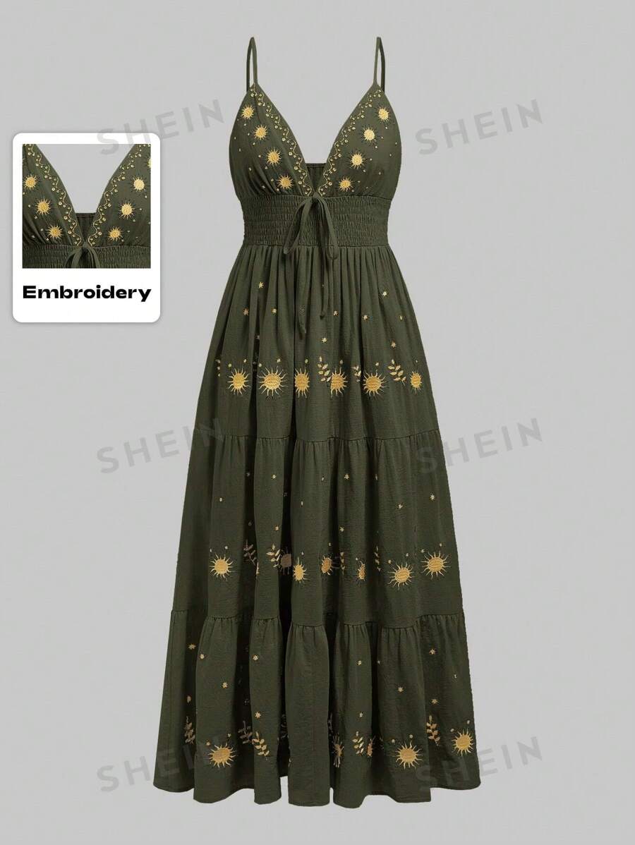 ROMWE Fairycore Vestido de línea A casual con correa de espagueti,diseño bordado de estrellas y luna para mujer en vacaciones
