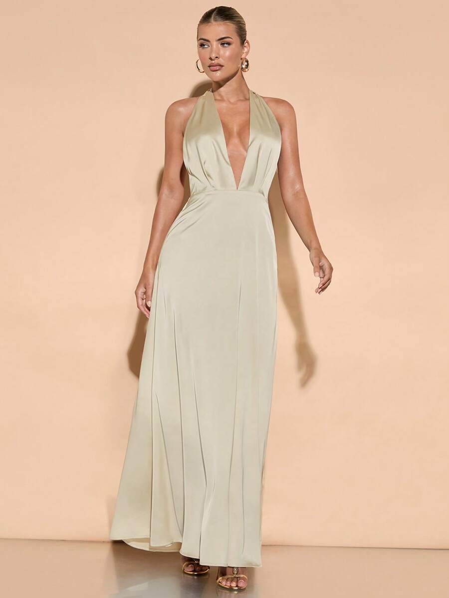 SHEIN BAE Elegante abrikooskleurige satijnen jurk met diepe V-hals en open rug voor dames, geschikt voor feesten, cocktailevenementen, formele gelegenheden, romantische dates en bruidsmeisjesjurken.
