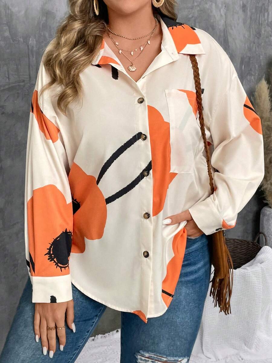 SHEIN VCAY Plus Size Floral Print Button Front Pockets Casual Long Sleeve Shirt