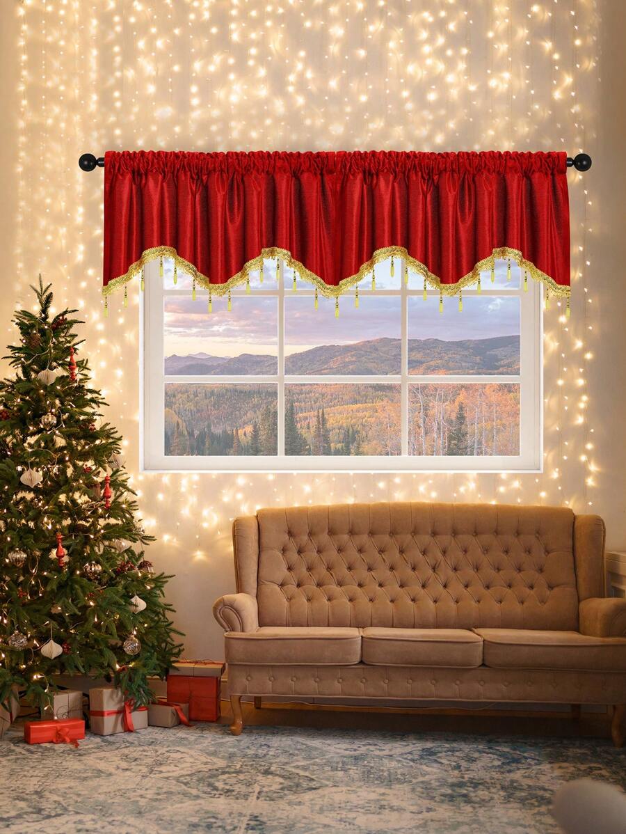 1pc Burgundy S-Shaped Faux Pearl Trim Valance, Italian Velvet Fabric, European Style Short Curtain, Suitable For Celebrations, Events, Living Room, Bedroom Window & Door Decor